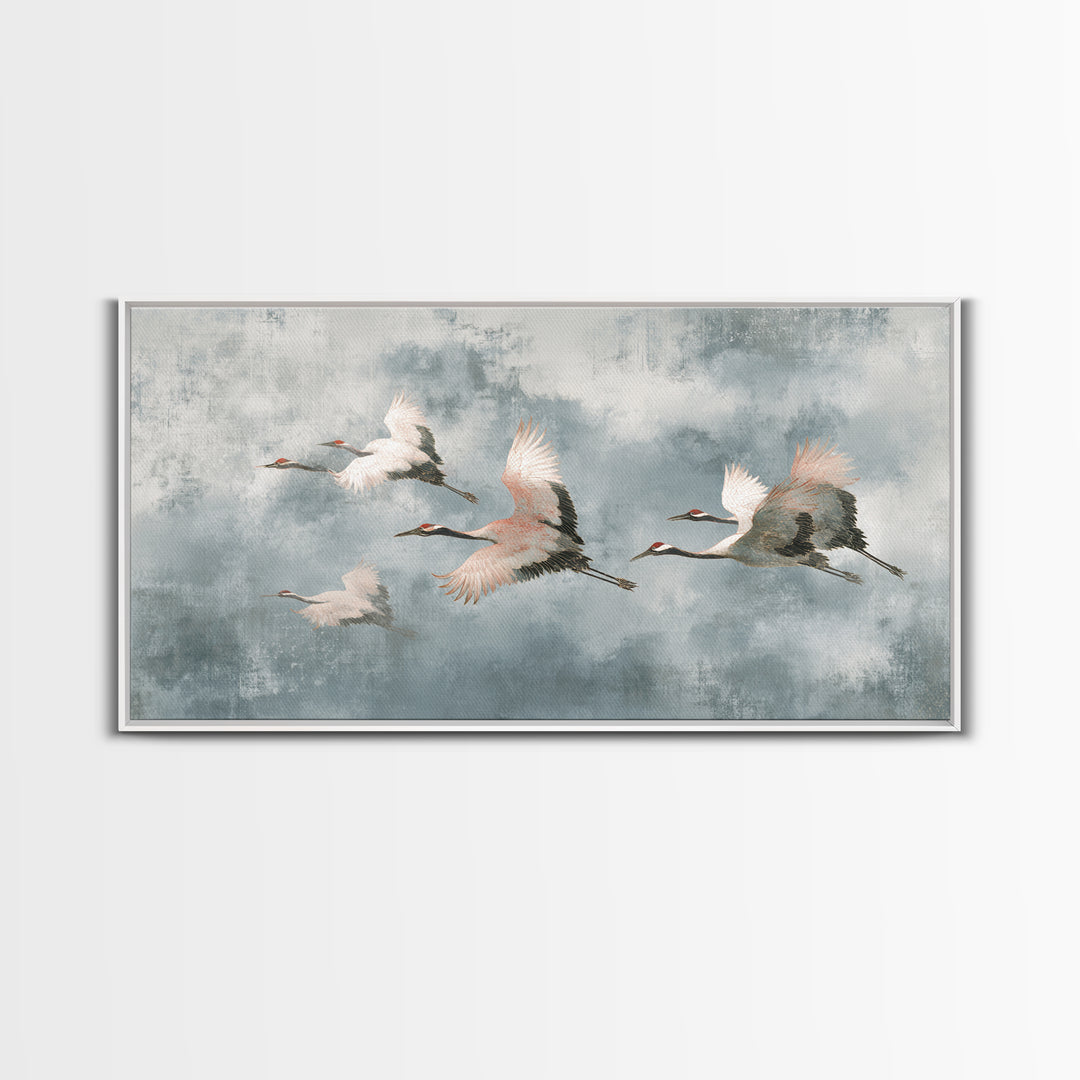 Monochrome Ink Crane Composition Framed Canvas Print, Wall Art, Wall Art for Mom, Living Room Decor, Oil Painting, WAL-2x1-92