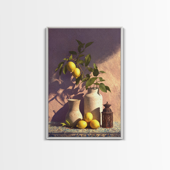 Mediterranean Lemon Branch Still Life Framed Canvas Print, Wall Art, Minimalist Decor, Living Room Decor, Oil Painting, WAL-2x3-30