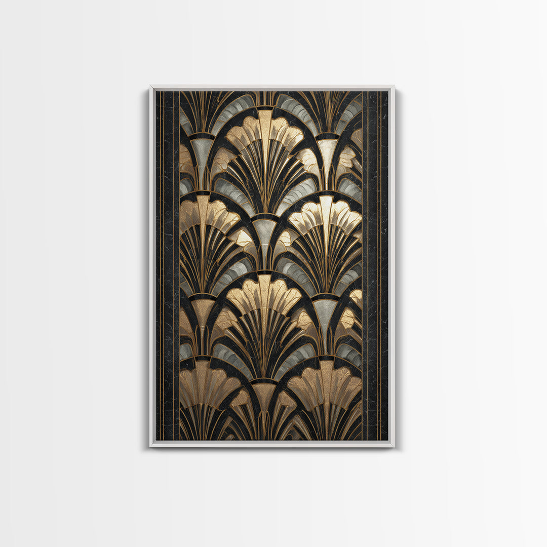 Art Deco Gold Fan Pattern Framed Canvas Print, Wall Art, Contemporary Art, Living Room Decor, Fine Art, Mid Century Modern, WAL-2x3-4