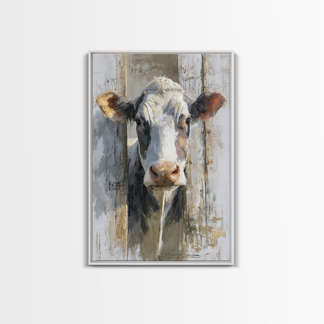 Rustic Farmhouse Cow Portrait Framed Canvas Print, Wall Art, Heart, Living Room Decor, Fine Art, Home Decor Gift, WAL-2x3-51