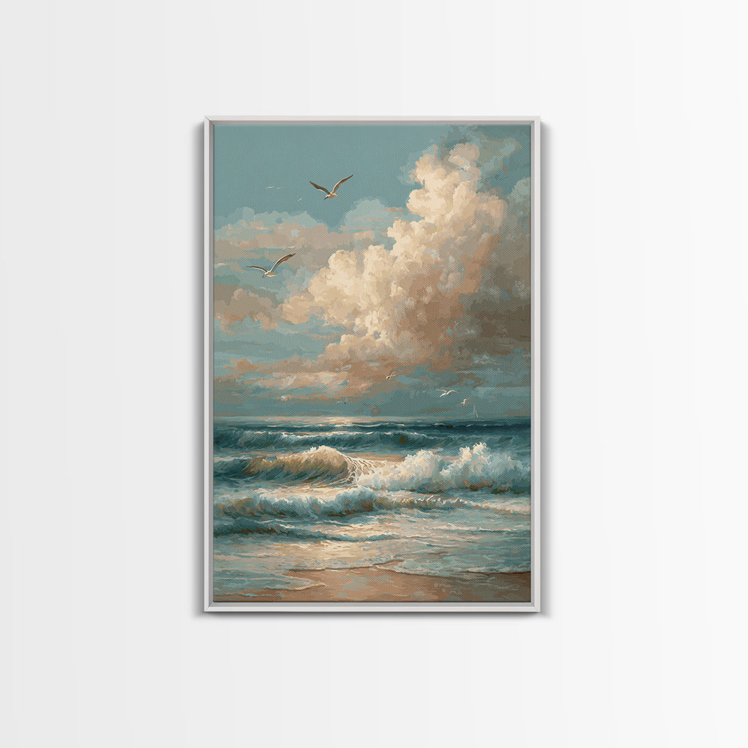 Classic Seascape with Dramatic Clouds Framed Canvas Print, Wall Art, Wall Art for Mom, Living Room Decor, Oil Painting, WAL-2x3-59