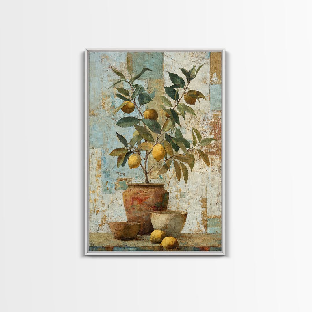 Mediterranean Lemon Branch Still Life Framed Canvas Print, Wall Art, Minimalist Decor, Living Room Decor, Oil Painting, WAL-2x3-6
