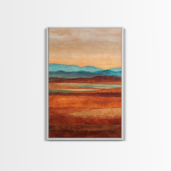 Desert Landscape in Warm Terracotta Tones Framed Canvas Print, Wall Art, Wall Clock, Living Room Decor, Watercolor Art, WAL-2x3-63