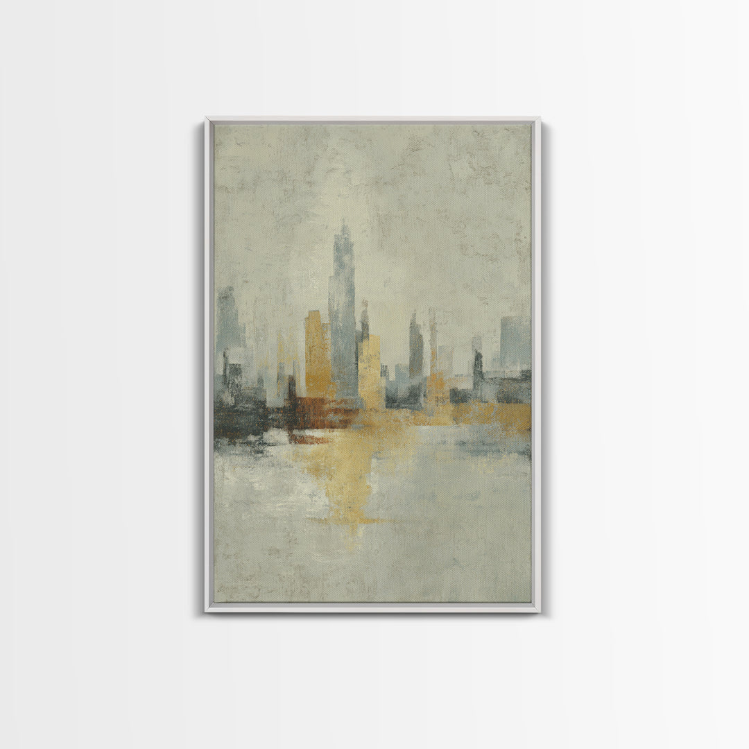 Urban Skyline in Muted Evening Color Framed Canvas Print, Wall Art, Wall Hangings, Living Room Decor, Abstract Art, WAL-2x3-74