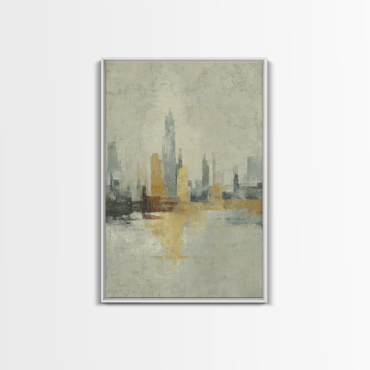 Urban Skyline in Muted Evening Color Framed Canvas Print, Wall Art, Wall Hangings, Living Room Decor, Abstract Art, WAL-2x3-74