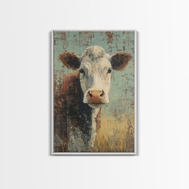 Rustic Farmhouse Cow Portrait Framed Canvas Print, Wall Art, Wall Hanging, Living Room Decor, Fine Art, Gallery Decor, WAL-2x3-75