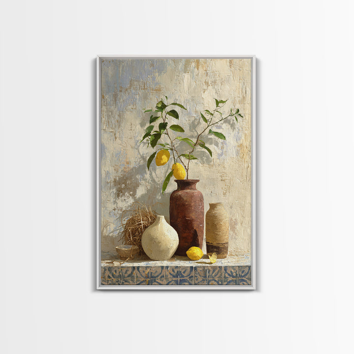 Mediterranean Lemon Branch Still Life Framed Canvas Print, Wall Art, Canvas, Living Room Decor, Watercolor Art, WAL-2x3-78