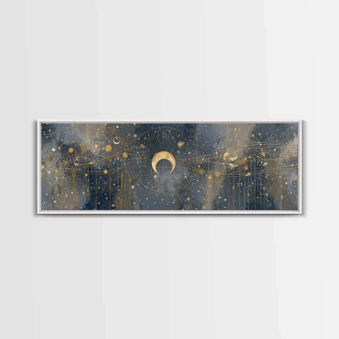 Celestial Moon and Stars Artwork Canvas Print, Wall Art, Painting, Living Room Decor, Fine Art, Art Deco, Wall Hanging, WAL-3x1-30