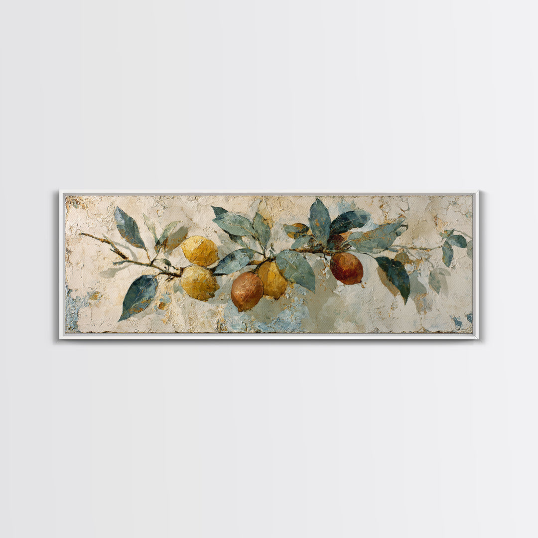 Mediterranean Lemon Branch Still Life Canvas Print, Wall Art, Boho Decor, Living Room Decor, Fine Art, Painting, WAL-3x1-62