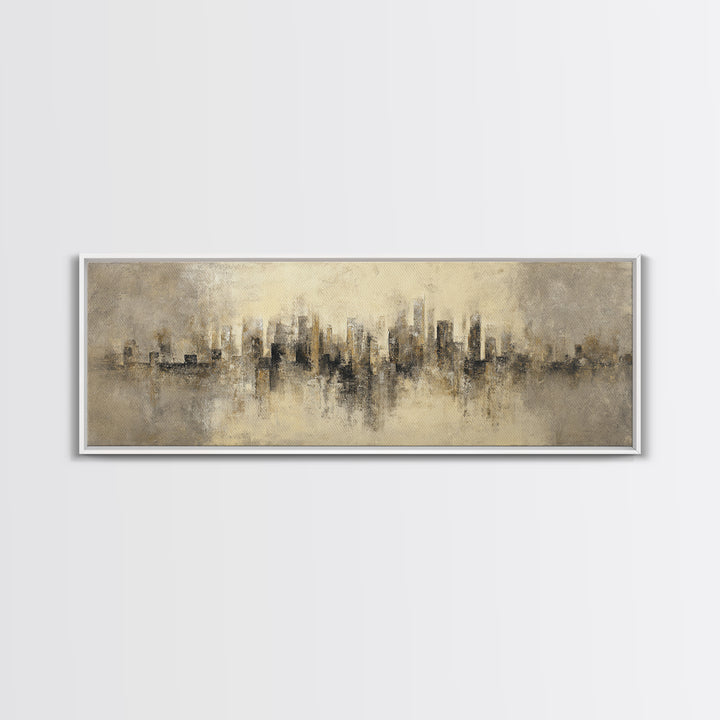 Urban Skyline in Muted Evening Color Framed Canvas Print, Wall Art, Art Deco, Living Room Decor, Fine Art, Abstract Wall Art, WAL-3x1-82