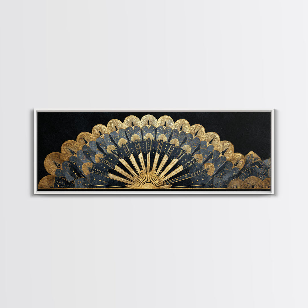 Art Deco Gold Fan Pattern Framed Canvas Print, Wall Art, Painting, Living Room Decor, Fine Art, Wall Hanging, WAL-3x1-84