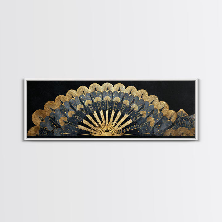 Art Deco Gold Fan Pattern Framed Canvas Print, Wall Art, Painting, Living Room Decor, Fine Art, Wall Hanging, WAL-3x1-84