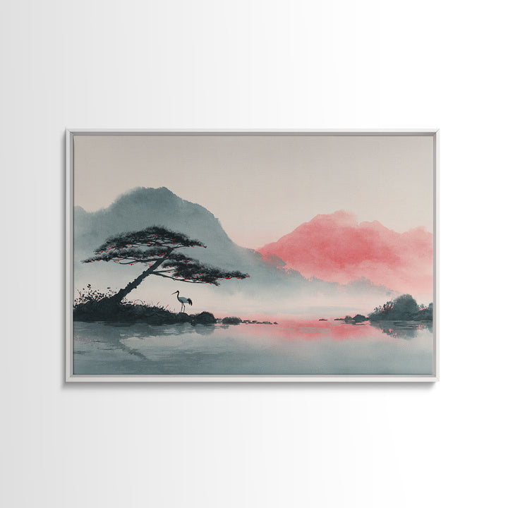 Monochrome Ink Crane Composition Framed Canvas Print, Wall Art, Living Room Decor, Oil Painting, Metal Wall Art, WAL-3x2-100