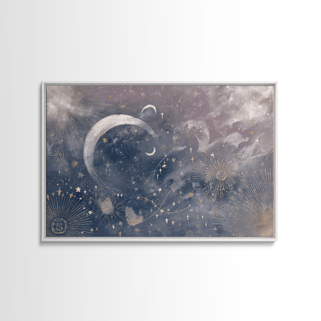 Celestial Moon and Stars Artwork Framed Canvas Print, Wall Art, Digital Wall Art, Living Room Decor, Fine Art, WAL-3x2-18