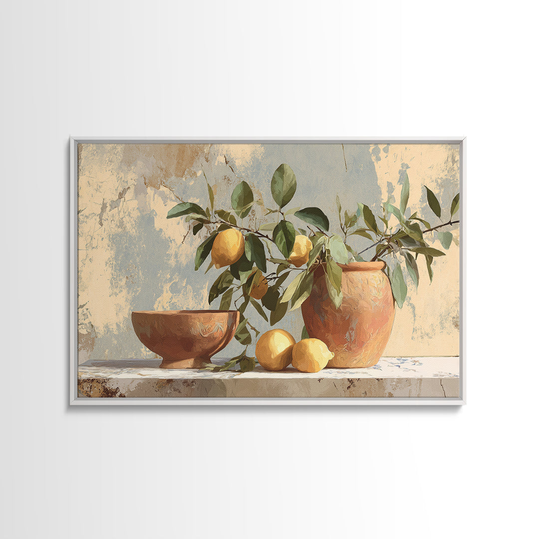 Mediterranean Lemon Branch Still Life Framed Canvas Print, Wall Art, Canvas, Living Room Decor, Watercolor Art, WAL-3x2-2