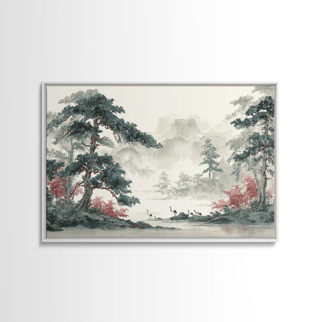Monochrome Ink Crane Composition Framed Canvas Print, Wall Art, Original Art, Living Room Decor, Fine Art, Modern Decor, WAL-3x2-28