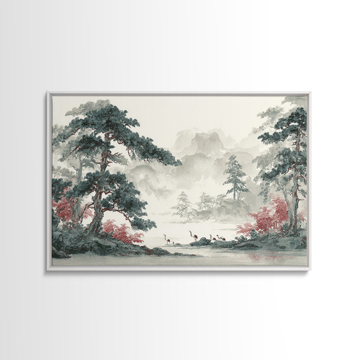 Monochrome Ink Crane Composition Framed Canvas Print, Wall Art, Original Art, Living Room Decor, Fine Art, Modern Decor, WAL-3x2-28