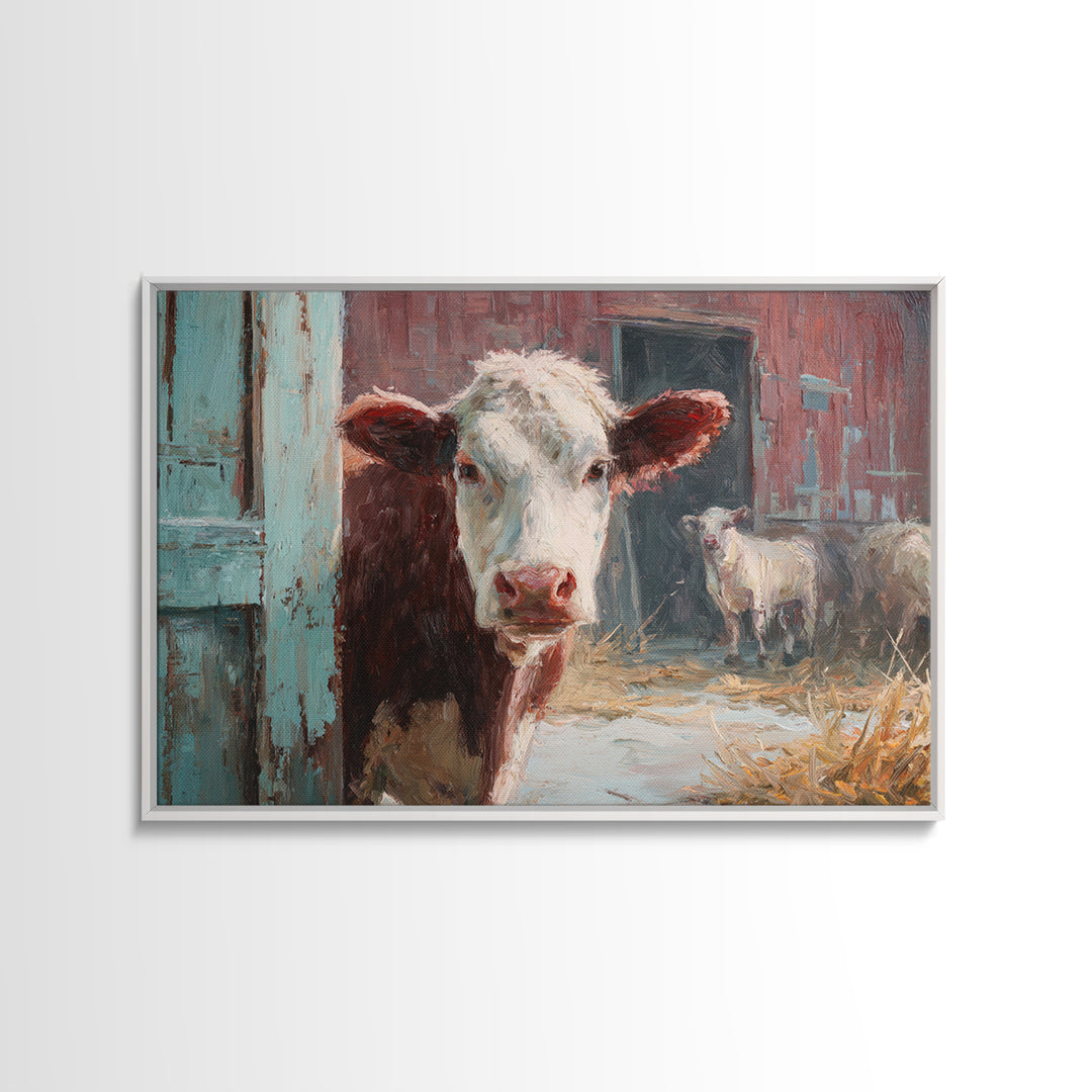 Rustic Farmhouse Cow Portrait Framed Canvas Print, Wall Art, Heart, Living Room Decor, Fine Art, Home Decor Gift, WAL-3x2-47
