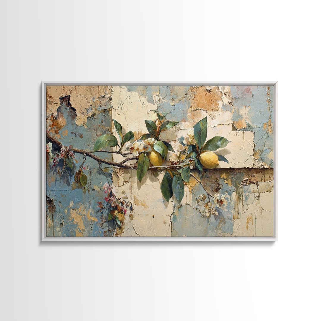 Mediterranean Lemon Branch Still Life Framed Canvas Print, Wall Art, Framed Wall Art, Living Room Decor, Fine Art, WAL-3x2-50