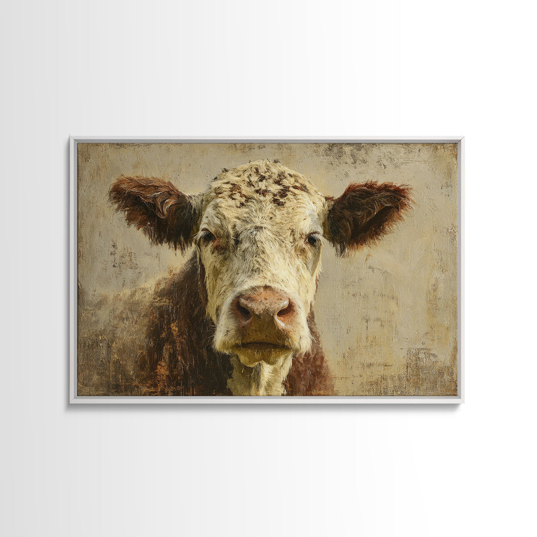Rustic Farmhouse Cow Portrait Framed Canvas Print, Wall Art, Abstract Wall Art, Living Room Decor, Fine Art, WAL-3x2-71