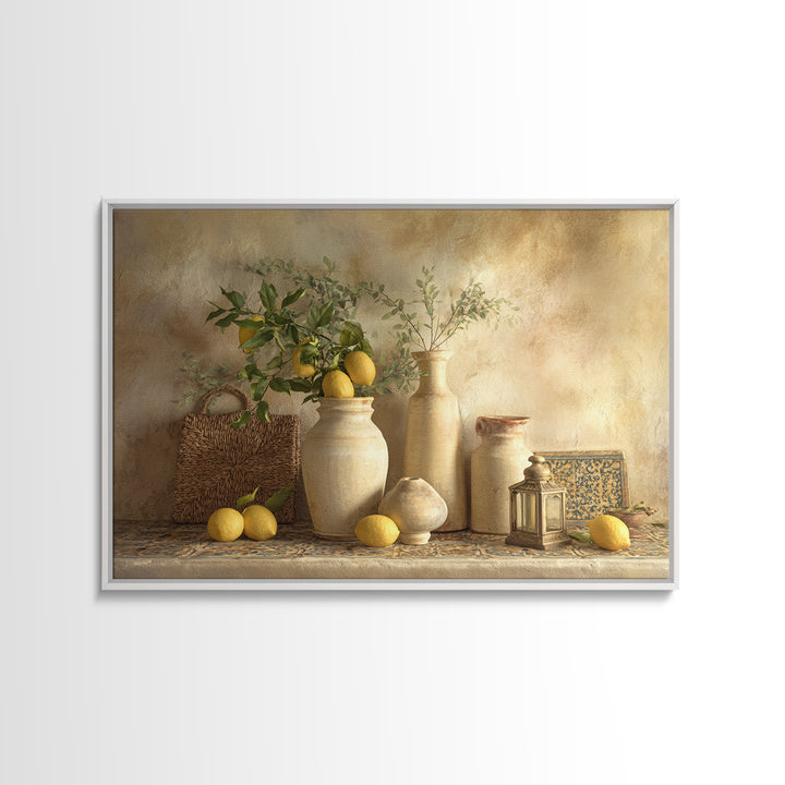 Mediterranean Lemon Branch Still Life Framed Canvas Print, Wall Art, Framed Wall Art, Living Room Decor, Fine Art, WAL-3x2-74