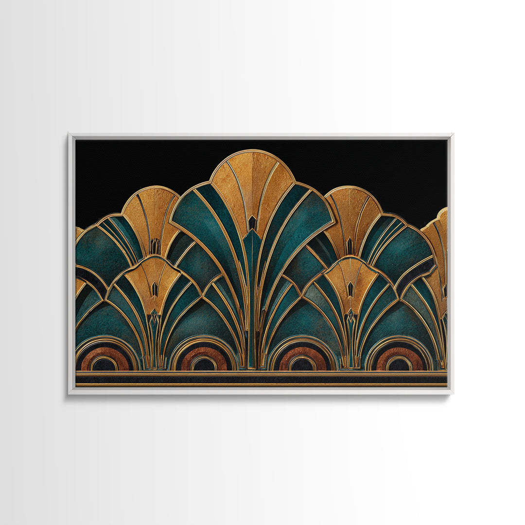 Art Deco Gold Fan Pattern Framed Canvas Print, Wall Art, Painting, Living Room Decor, Fine Art, Wall Hanging, WAL-3x2-96