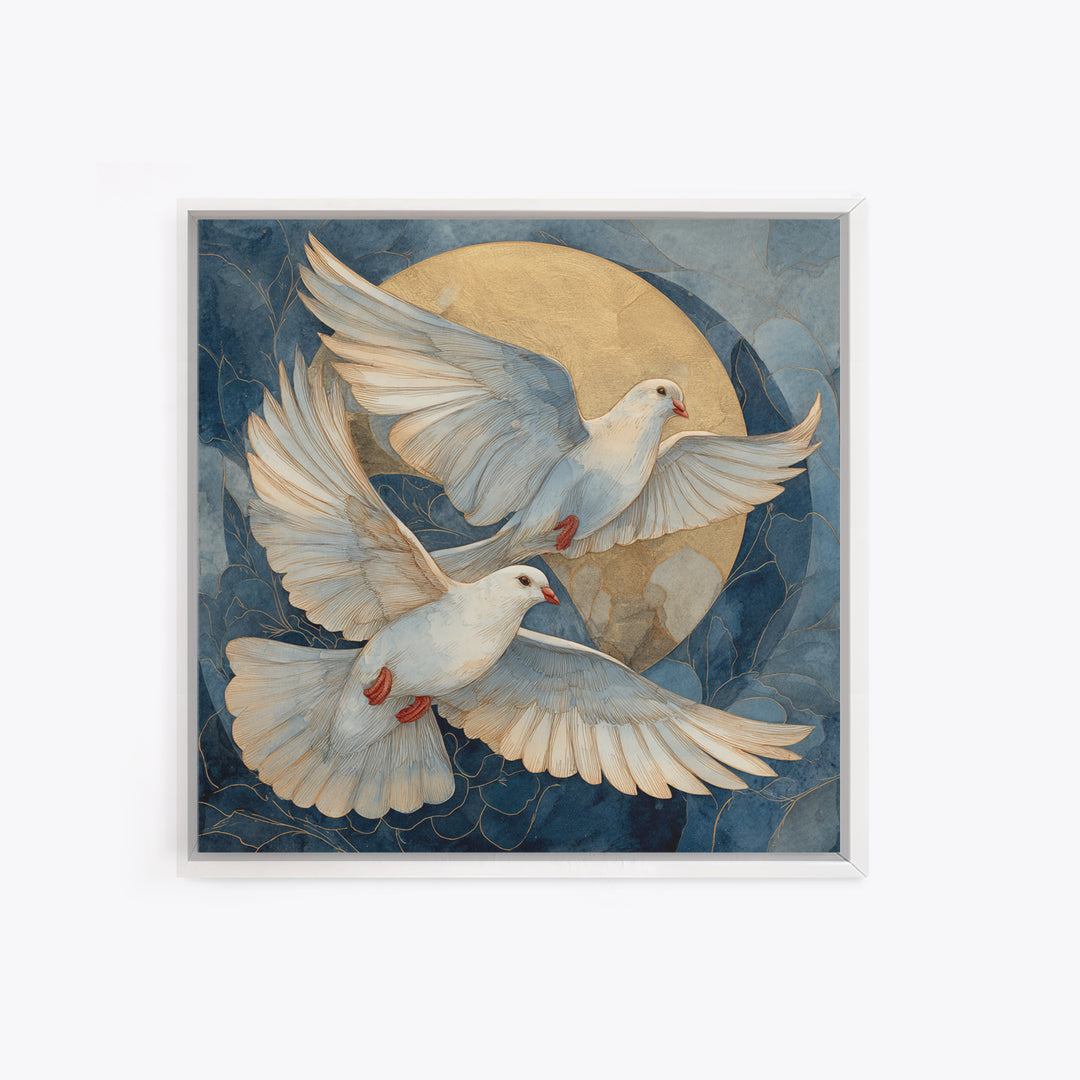 Doves Flying Through Soft Golden Light Framed Canvas Print, Wedding Art, Printable Art, Living Room Decor, Fine Art, Romance, WED-1x1-11