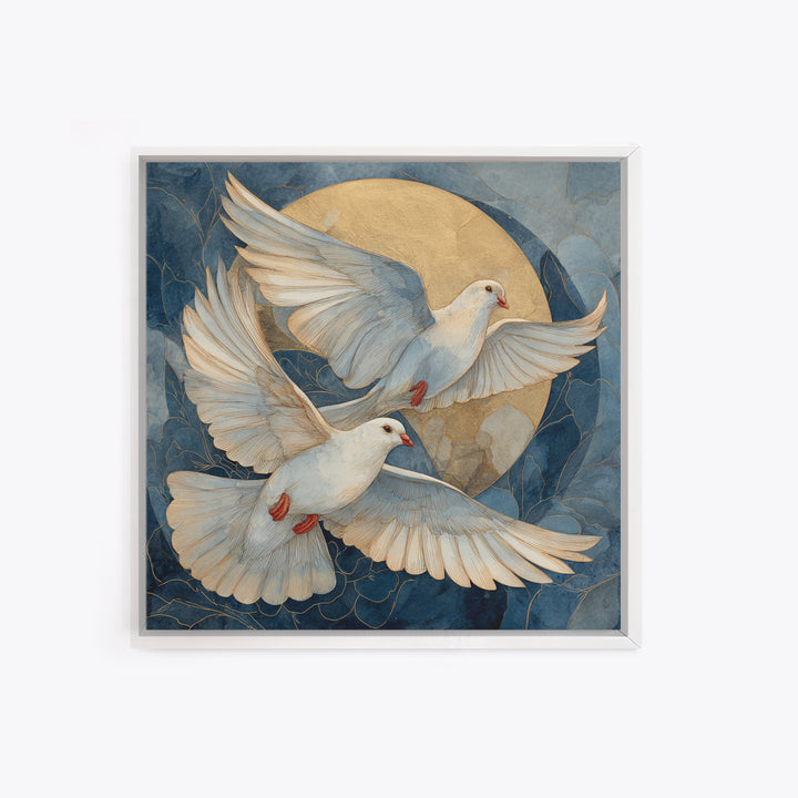 Doves Flying Through Soft Golden Light Framed Canvas Print, Wedding Art, Printable Art, Living Room Decor, Fine Art, Romance, WED-1x1-11