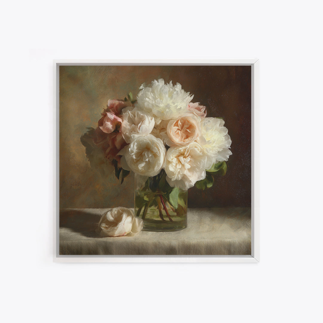 Romantic Bouquet of White Roses and Peonies Canvas Print, Wedding Art, Wedding Painting, Living Room Decor, Fine Art, Romance, WED-1x1-25