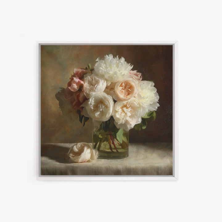 Romantic Bouquet of White Roses and Peonies Canvas Print, Wedding Art, Wedding Painting, Living Room Decor, Fine Art, Romance, WED-1x1-25