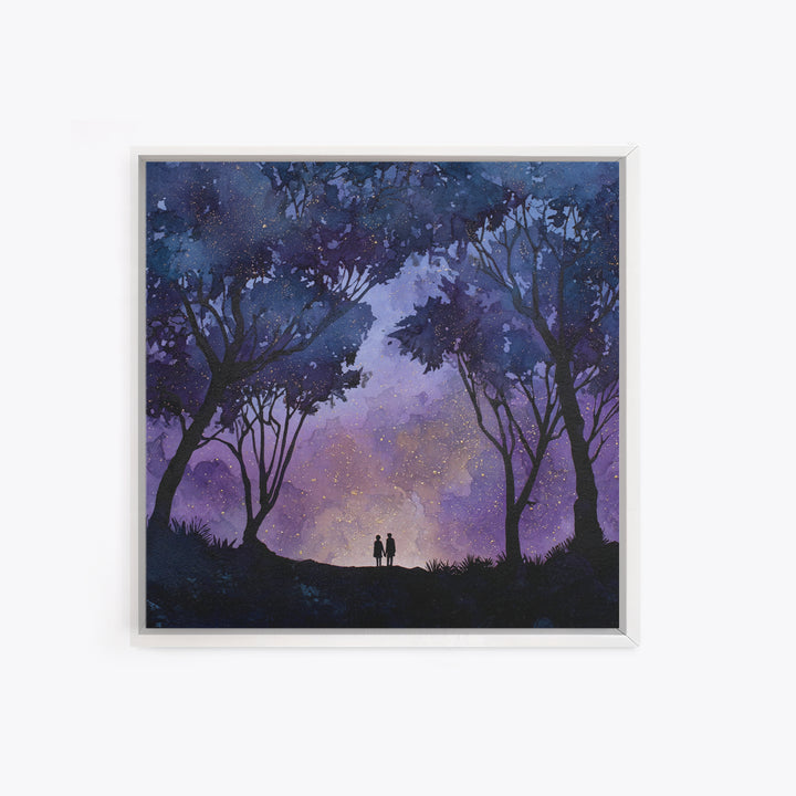 Couple Silhouette Beneath Moonlit Trees Framed Canvas Print, Wedding Art, Personalized Wedding, Living Room Decor, Romance, WED-1x1-29