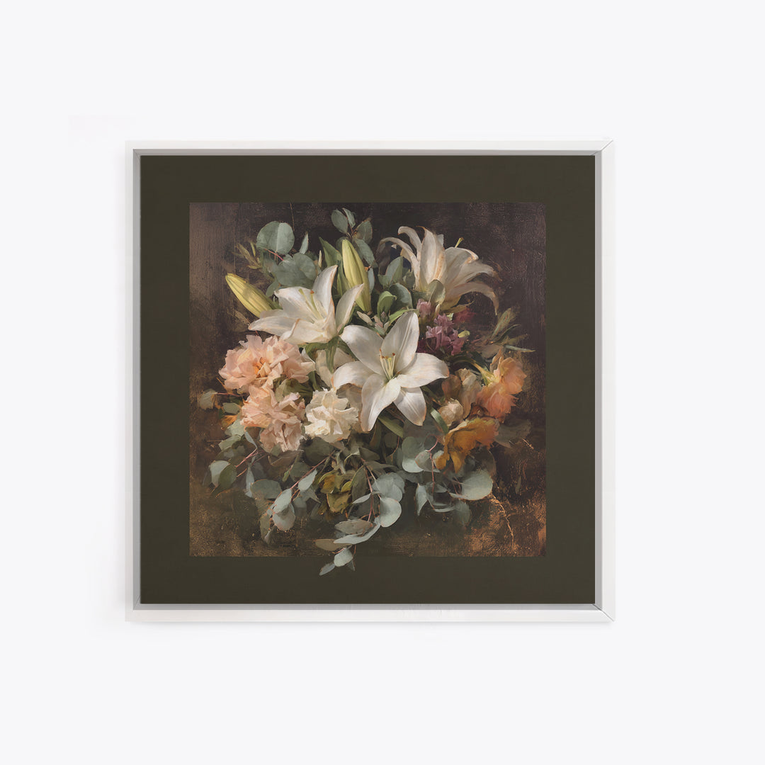 White Lilies and Eucalyptus Arrangement Framed Canvas Print, Wedding Art, Wedding Poster, Living Room Decor, Abstract Art, WED-1x1-33