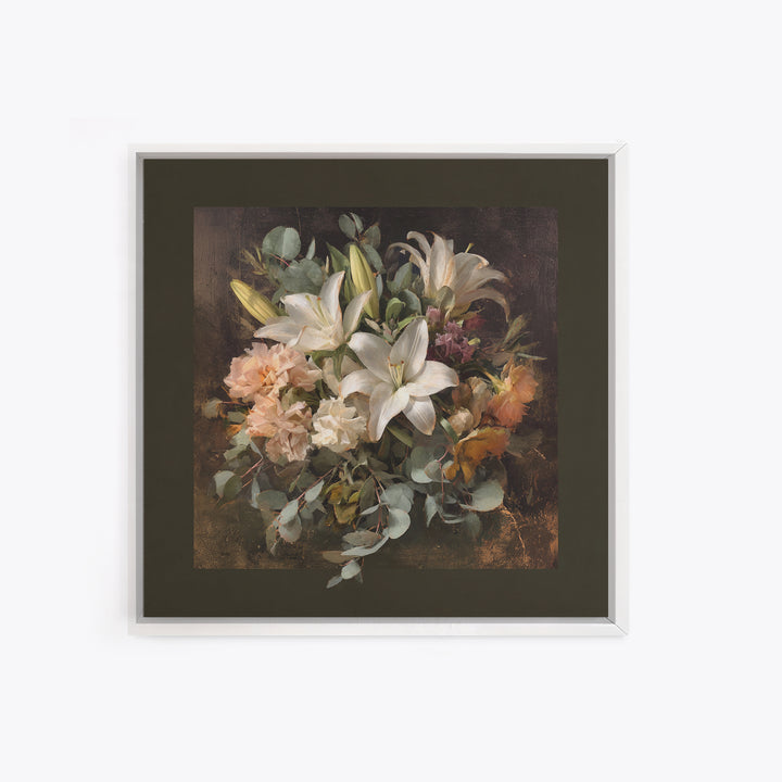White Lilies and Eucalyptus Arrangement Framed Canvas Print, Wedding Art, Wedding Poster, Living Room Decor, Abstract Art, WED-1x1-33