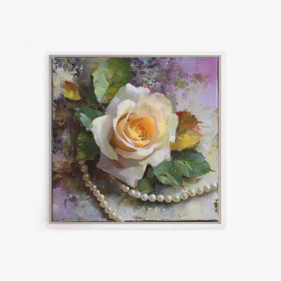 Pearl Necklace and Rose Still Life Canvas Print, Wedding Art, Framed Art, Living Room Decor, Watercolor Art, Romance, WED-1x1-36