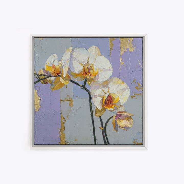 White Orchid and Gold Ribbon Composition Framed Canvas Print, Wedding Art, Wedding, Living Room Decor, Fine Art, Romance, WED-1x1-48