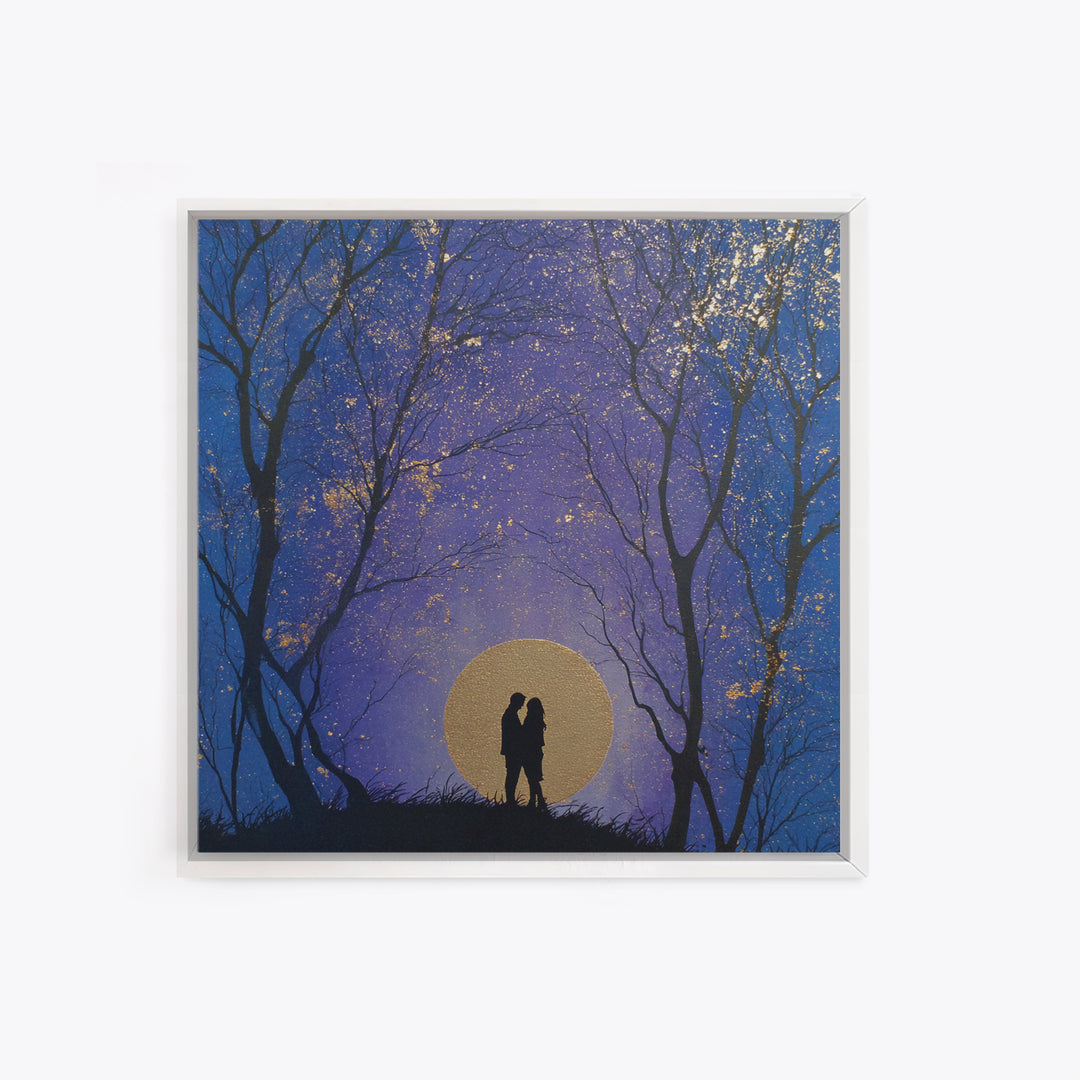 Couple Silhouette Beneath Moonlit Trees Framed Canvas Print, Wedding Art, Personalized Wedding, Living Room Decor, Romance, WED-1x1-53