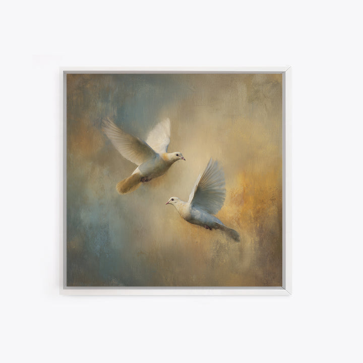 Doves Flying Through Soft Golden Light Canvas Print, Wedding Art, Wedding Painting, Living Room Decor, Fine Art, Romance, WED-1x1-59