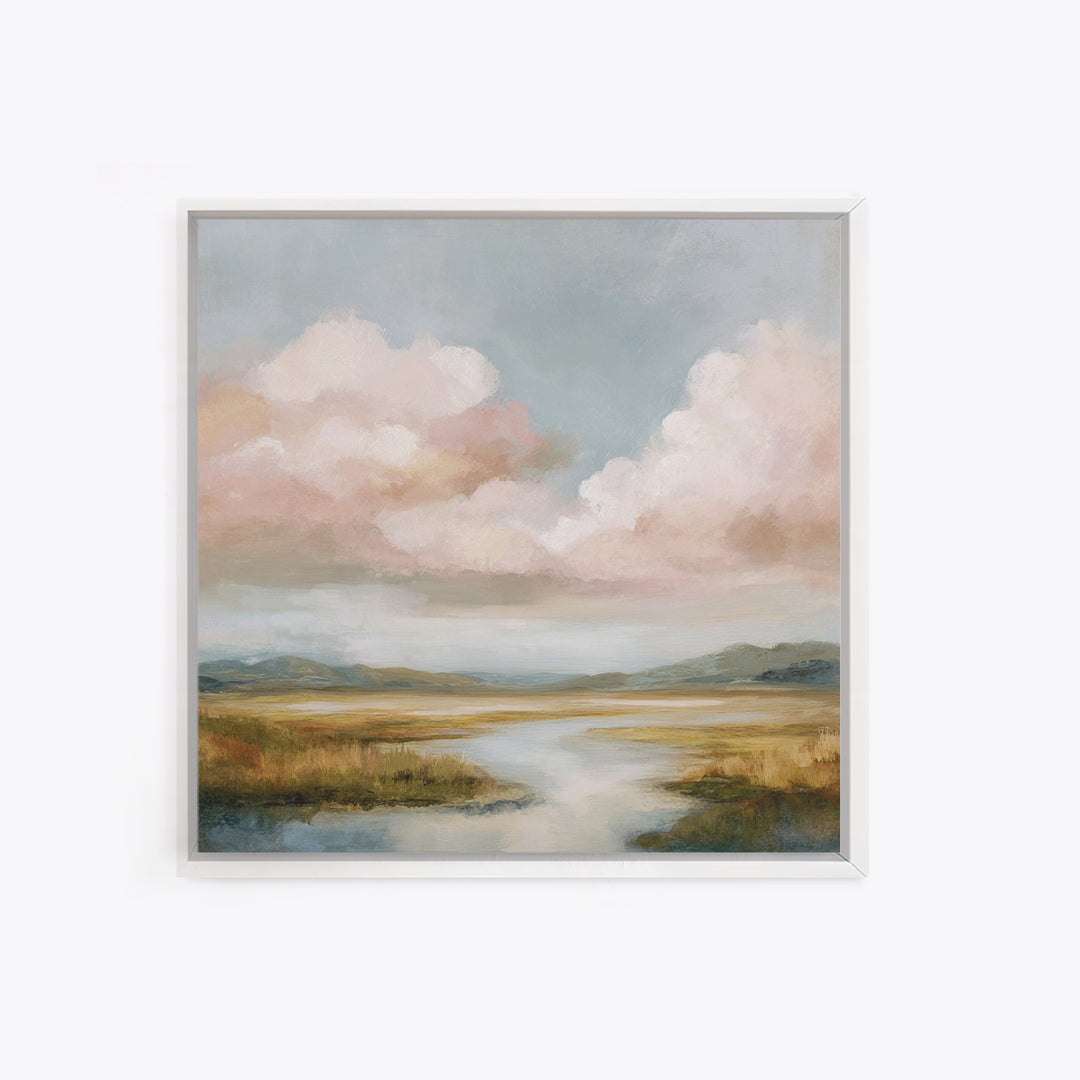 Blush Cloudscape with Dreamy Atmosphere Framed Canvas Print, Wedding Art, Personalized Wedding, Living Room Decor, Romance, WED-1x1-63