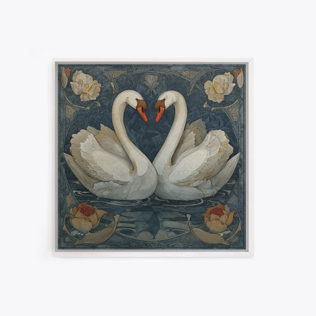 Two Swans Forming a Heart on Dark Framed Canvas Print, Wedding Art, Personalized Art, Living Room Decor, Fine Art, Romance, WED-1x1-74