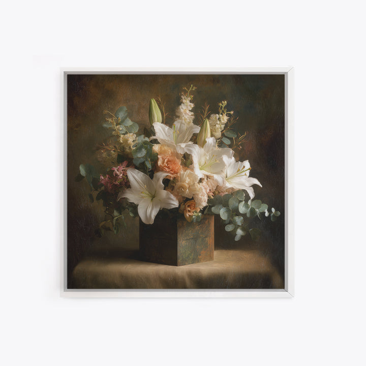White Lilies and Eucalyptus Arrangement Canvas Print, Wedding Art, Modern Decor, Living Room Decor, Fine Art, Romance, WED-1x1-81