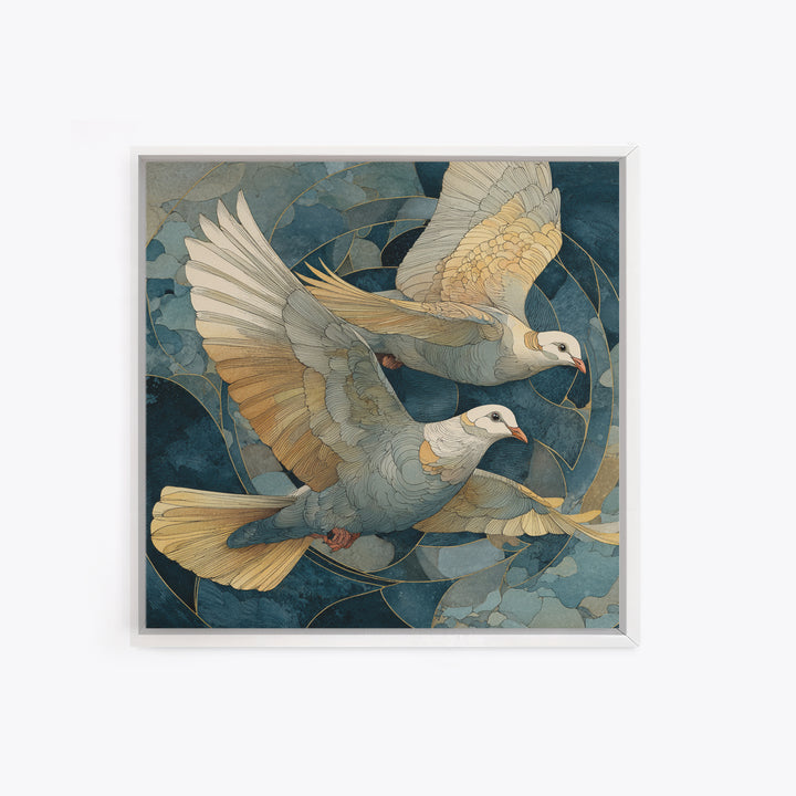 Doves Flying Through Soft Golden Light Framed Canvas Print, Wedding Art, Wall Decor, Living Room Decor, Fine Art, Romance, WED-1x1-83