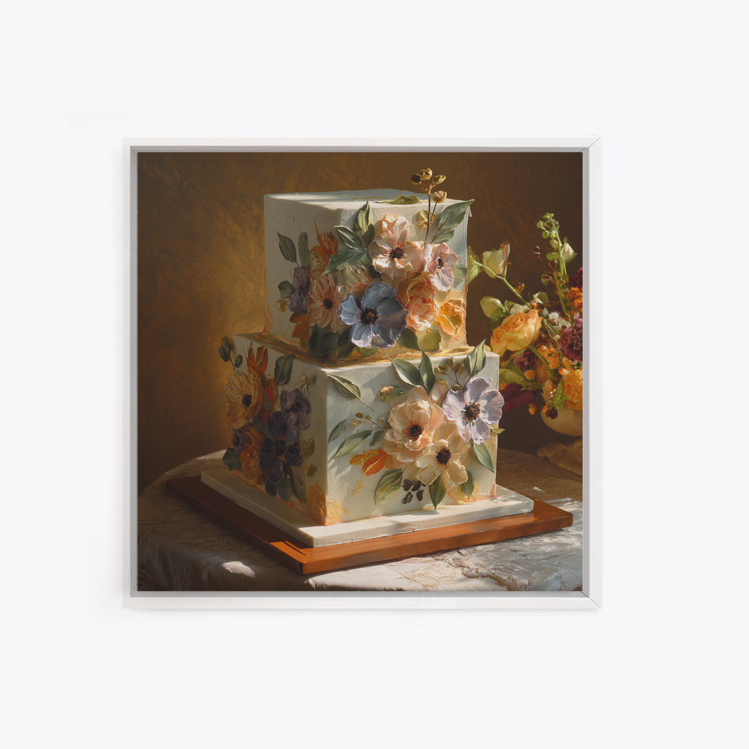 Wedding Cake with Flowers in Painterly Style Canvas Print, Wedding Art, Wedding Poster, Living Room Decor, Oil Painting, WED-1x1-86