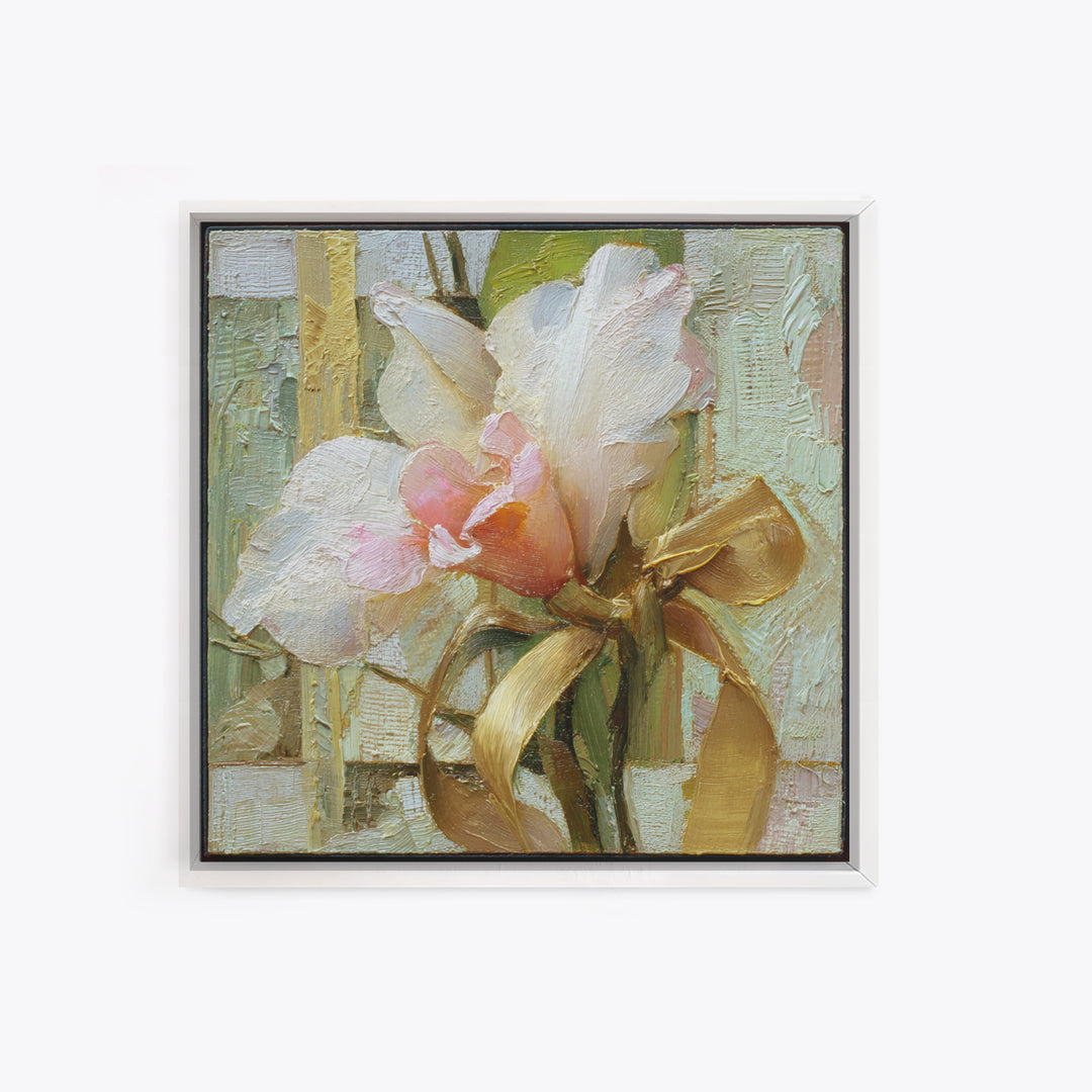 White Orchid and Gold Ribbon Composition Framed Canvas Print, Wedding Art, Wedding Gift, Living Room Decor, Fine Art, Romance, WED-1x1-96
