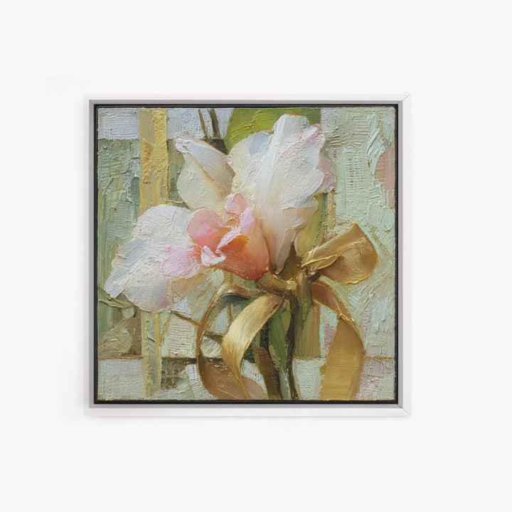 White Orchid and Gold Ribbon Composition Framed Canvas Print, Wedding Art, Wedding Gift, Living Room Decor, Fine Art, Romance, WED-1x1-96
