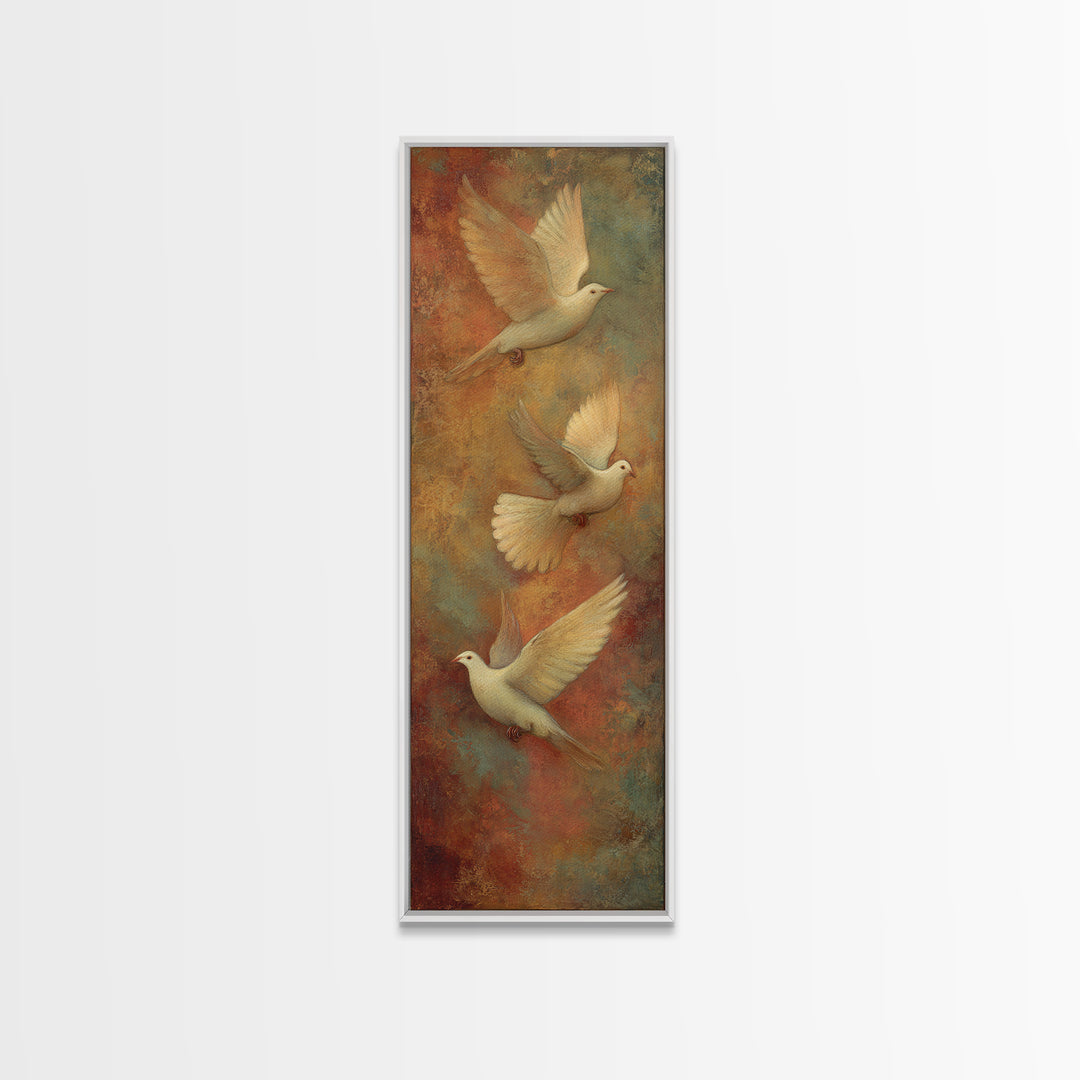 Doves Flying Through Soft Golden Light Canvas Print, Wedding Art, Boho Decor, Living Room Decor, Fine Art, Romance, Art Print, WED-1x3-23