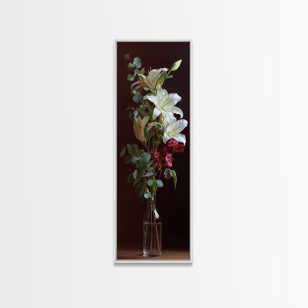 White Lilies and Eucalyptus Arrangement Framed Canvas Print, Wedding Art, Wedding Stationery, Living Room Decor, Oil Painting, WED-1x3-45