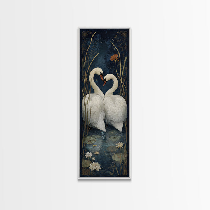 Two Swans Forming a Heart on Dark Framed Canvas Print, Wedding Art, Wedding Painting, Living Room Decor, Fine Art, Romance, WED-1x3-62