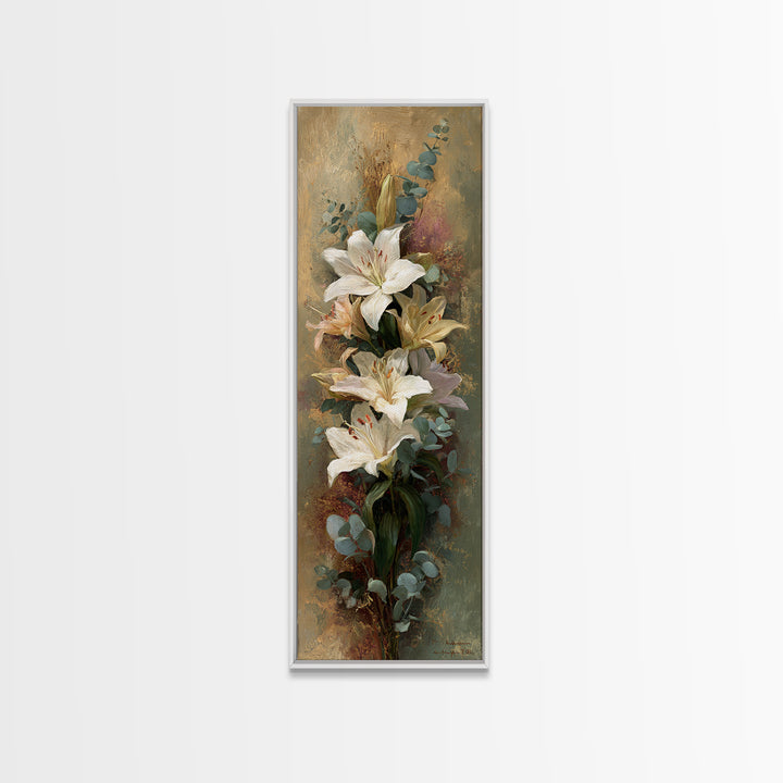White Lilies and Eucalyptus Arrangement Framed Canvas Print, Wedding Art, Wedding Stationery, Living Room Decor, Oil Painting, WED-1x3-69