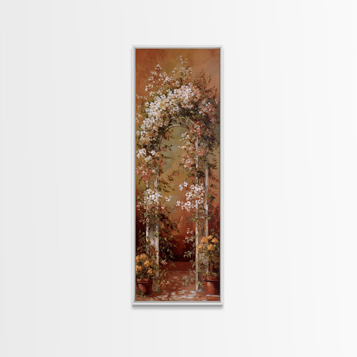 Romantic Garden Arch Covered Framed Canvas Print, Wedding Art, Wedding Reception, Living Room Decor, Watercolor Art, Romance, WED-1x3-70