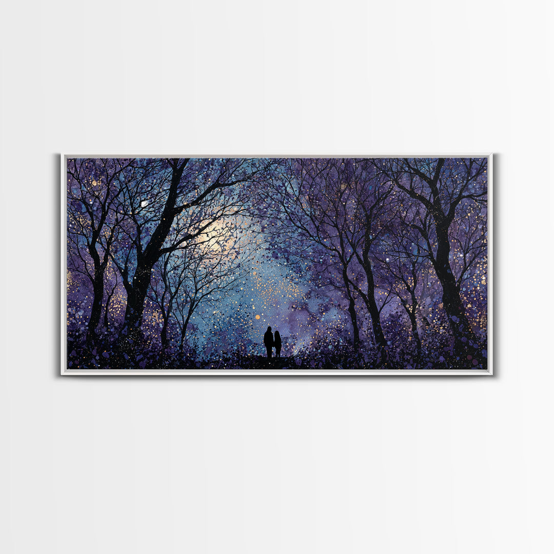 Couple Silhouette Beneath Moonlit Trees Framed Canvas Print, Wedding Art, Luxury Decor, Living Room Decor, Fine Art, Romance, WED-2x1-1